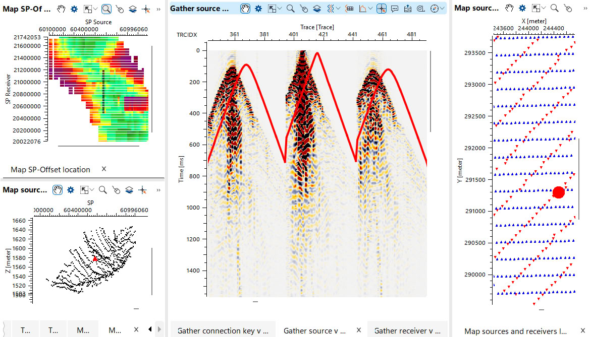 A g-Platform source gather whose theoretical first-break curve does not follow the recorded arrivals, beside the source-receiver location map and the shot-offset QC map