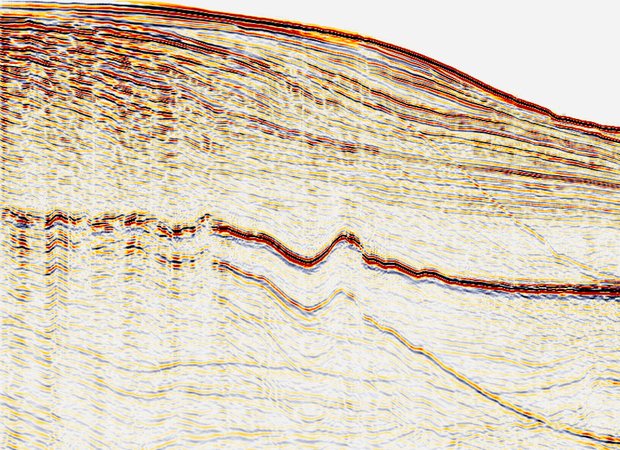 Stack section before multiple attenuation in g-Platform, with multiple energy repeating below the strong reflector