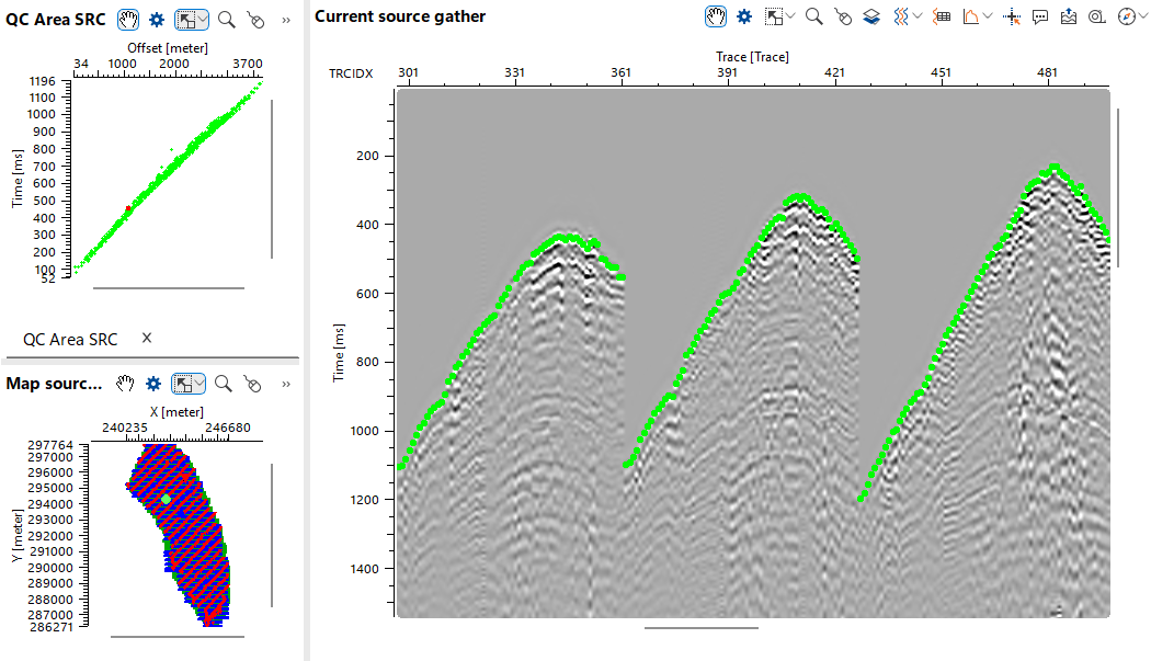 The same g-Platform source gather with first-break picks marked on the arrivals, and the offset-time QC panel now filled with the picked times