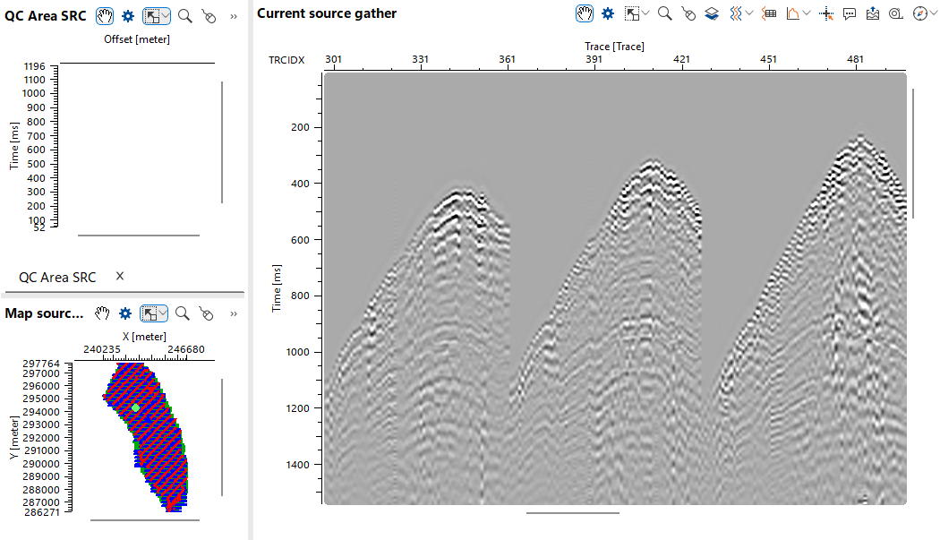 A source gather in g-Platform before first-break picking, beside an empty offset-time QC panel and the source and receiver location map