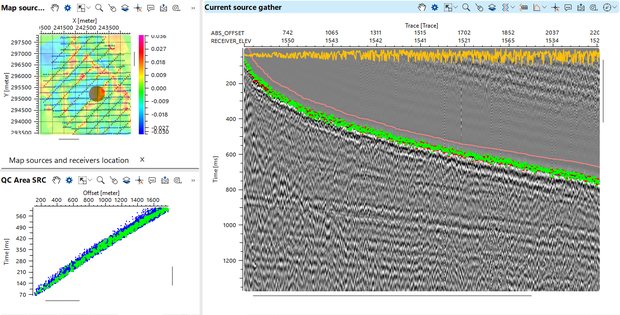 The same source gather in g-Platform after the refraction statics solution is applied, with the first arrivals aligned along the picked trend