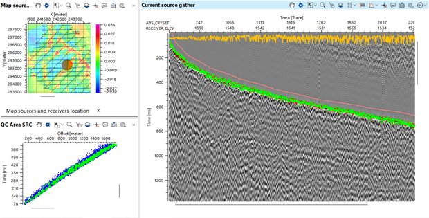 Refraction statics workspace in g-Platform before the correction, with the source and receiver location map, the time-offset QC crossplot and a source gather carrying its first-break picks
