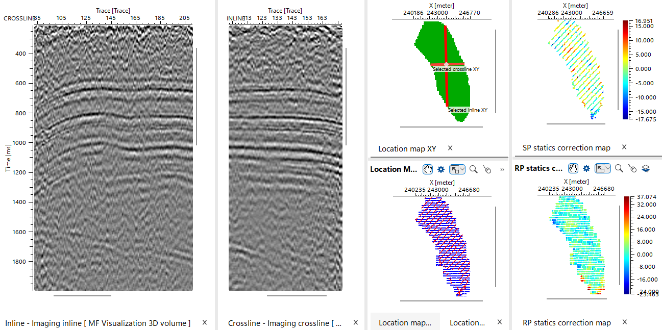 The same inline and crossline stack sections after residual statics in g-Platform, with the reflectors continuous across the section
