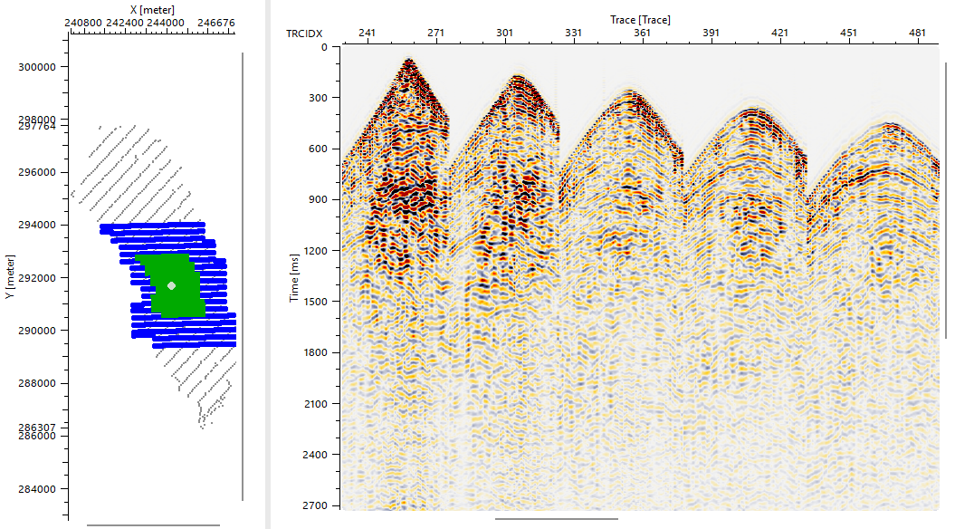 The same gathers after linear and random noise attenuation in g-Platform, with reflections visible through the noise cone