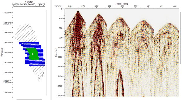 Seismic gathers before noise attenuation in g-Platform, beside the survey location map