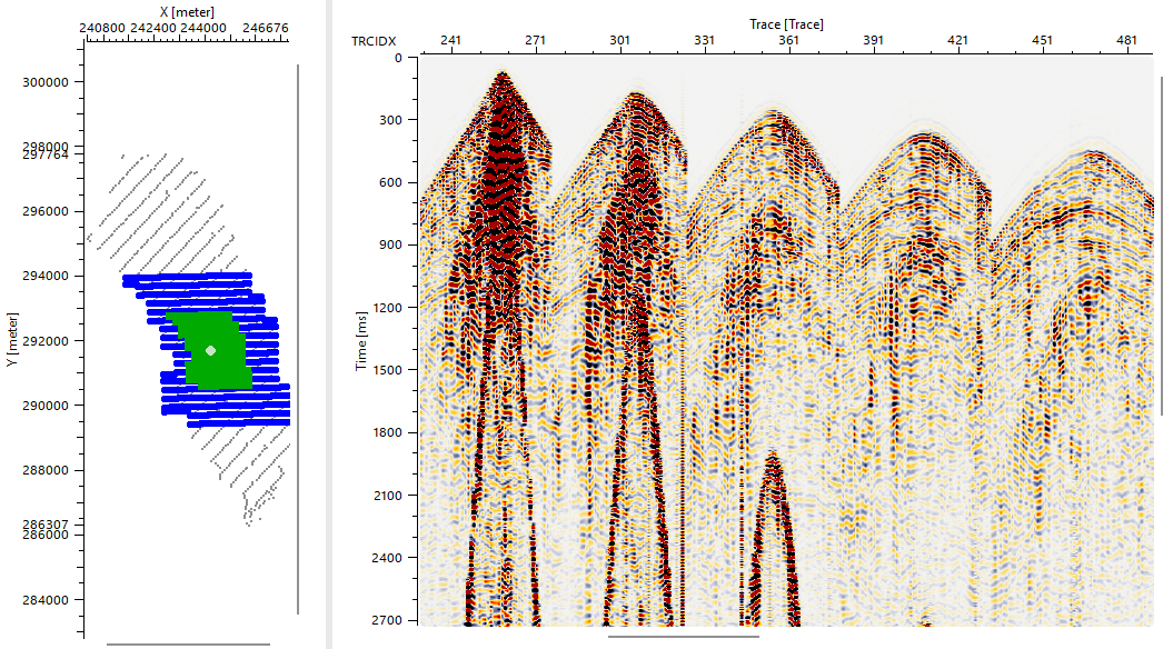 Seismic gathers before noise attenuation in g-Platform, beside the survey location map