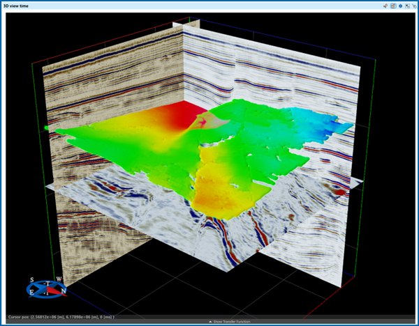 Attribute surface displayed in the g-Space 3D time view between two intersecting seismic sections