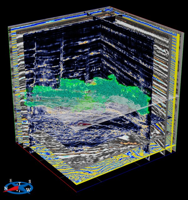 Geobody extracted from a seismic attribute volume in 3D