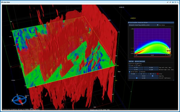 Fault attribute volume rendered in the g-Space 3D view with its transfer-function editor