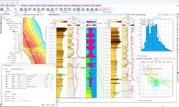 g-Space with the Wells ribbon bar, the Data Manager curve list, a well correlation view, a log histogram and a cross-plot, and the Import LAS files dialog mapping curve names to log types