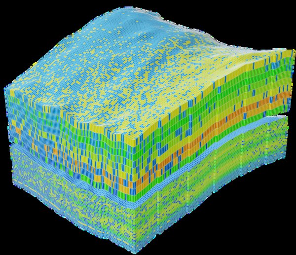 Cell-by-cell property model in a structured 3D grid in g-Space, its layers coloured by value and offset across a fault