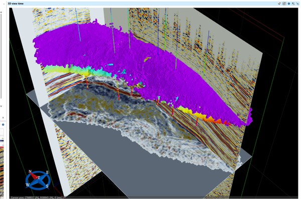 Interpreted horizon surface with well trajectories inside a 3D seismic view in g-Space