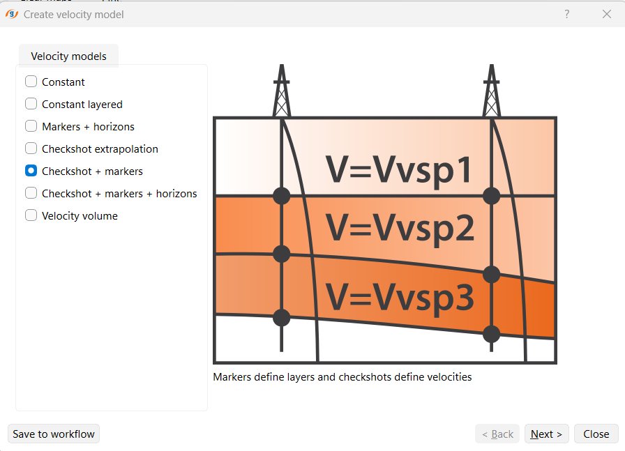 Create velocity model wizard with checkshot and marker options