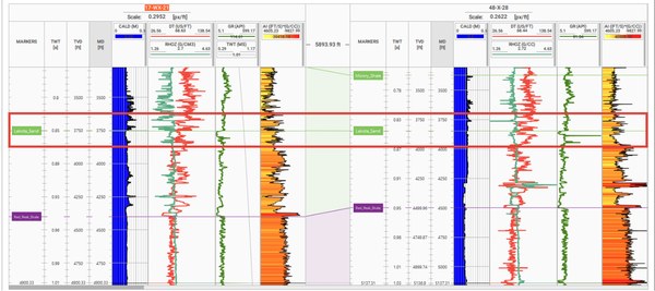 Two wells side by side with stratigraphic markers correlated between them
