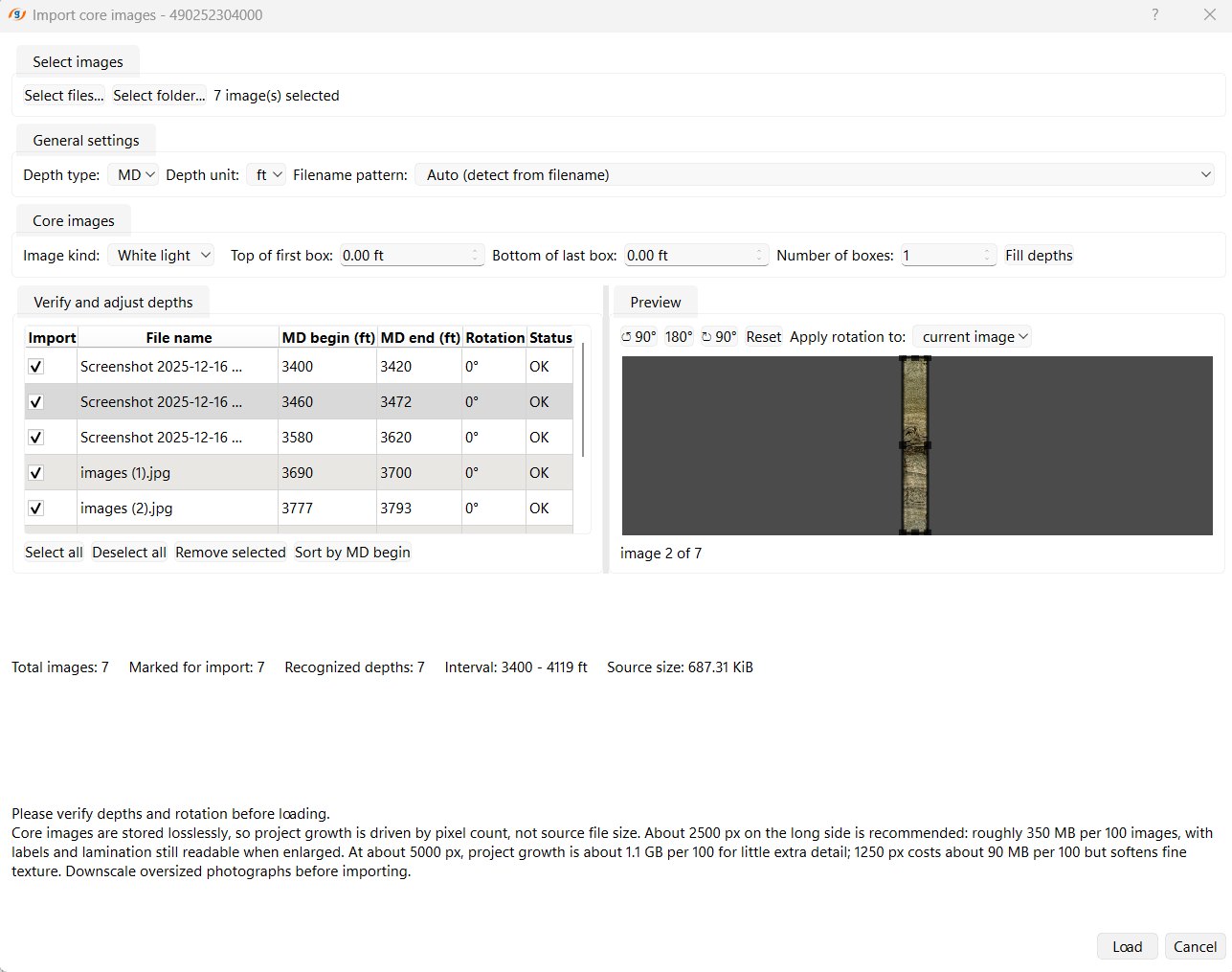 g-Space Import core images dialog with seven selected files, depth type and filename pattern set to detect depths automatically, a table of file names with recognised begin and end depths and rotation, and a preview of the selected core image