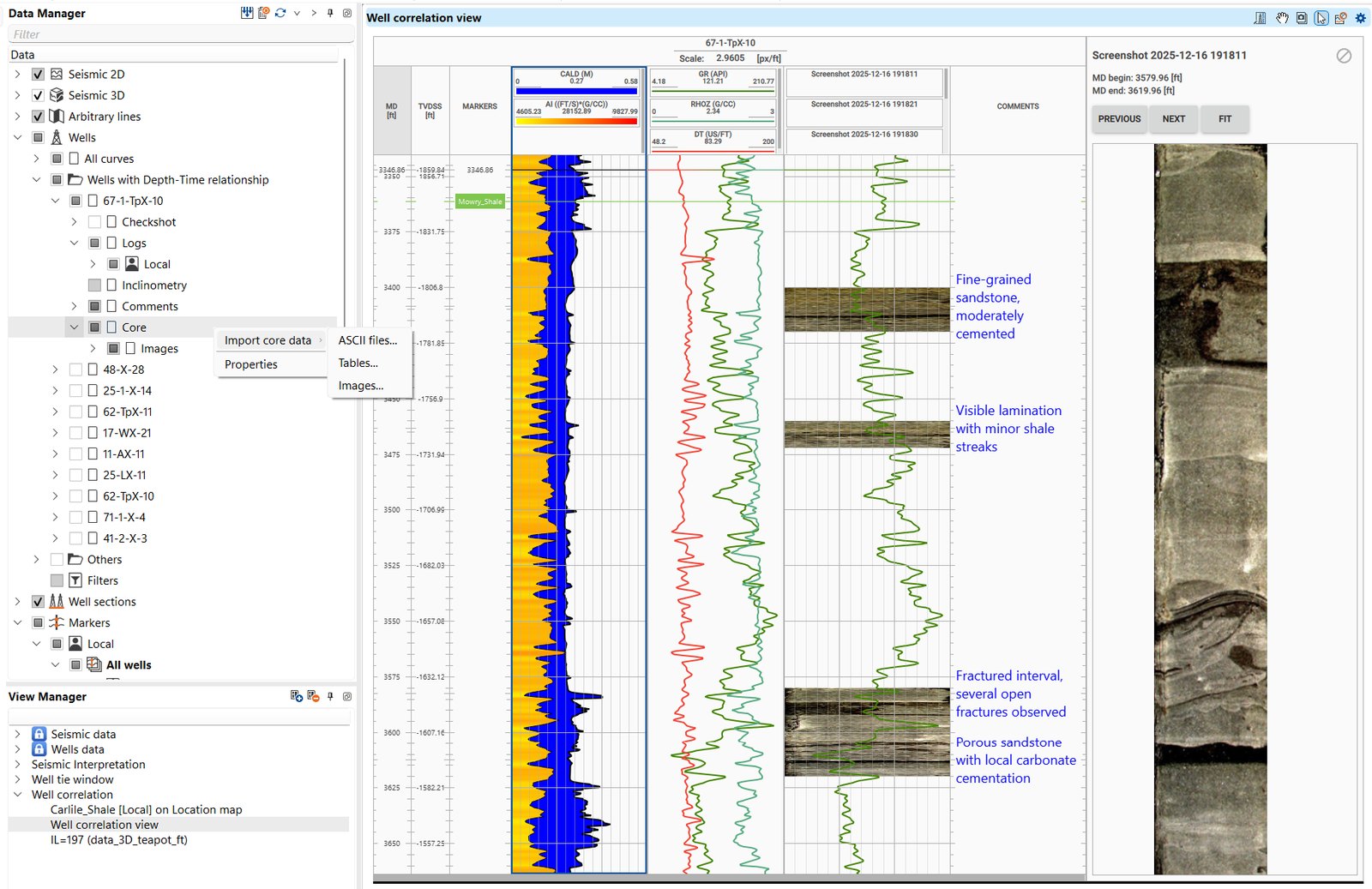 g-Space Data Manager with core images under a well and the Import core data menu open, beside a well correlation view where core photographs are registered to depth next to the logs with interpreter comments on grain size, lamination and fractures