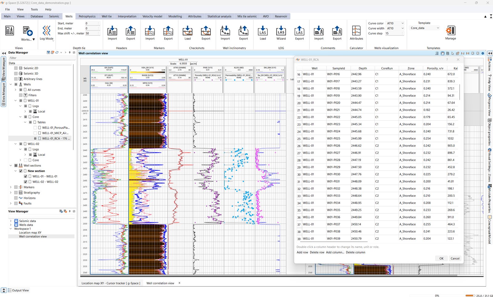 g-Space well correlation view with core porosity and permeability plotted as points beside gamma ray, density, neutron and resistivity logs, and the core table open beside it