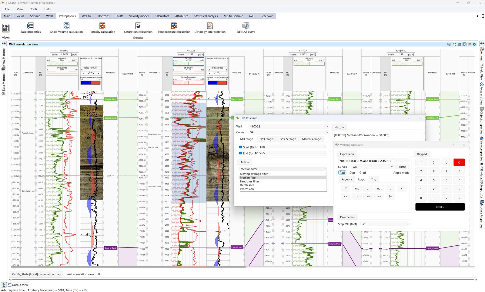 g-Space well correlation view of four wells with core photograph tracks beside gamma ray, density and sonic logs, interpreter comments such as core-log mismatch and marker pick, and the Edit LAS curve dialog and well log calculator open