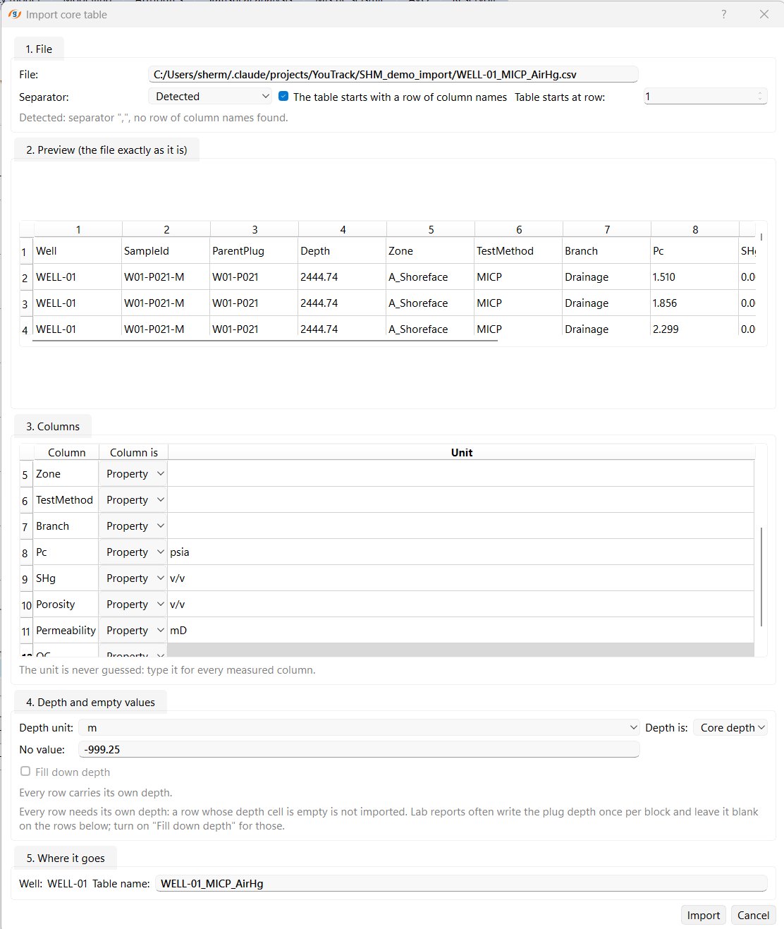 g-Space Import core table dialog for an MICP file, with the file preview, each column set as depth or property with units for capillary pressure, saturation, porosity and permeability, and the depth set as core depth