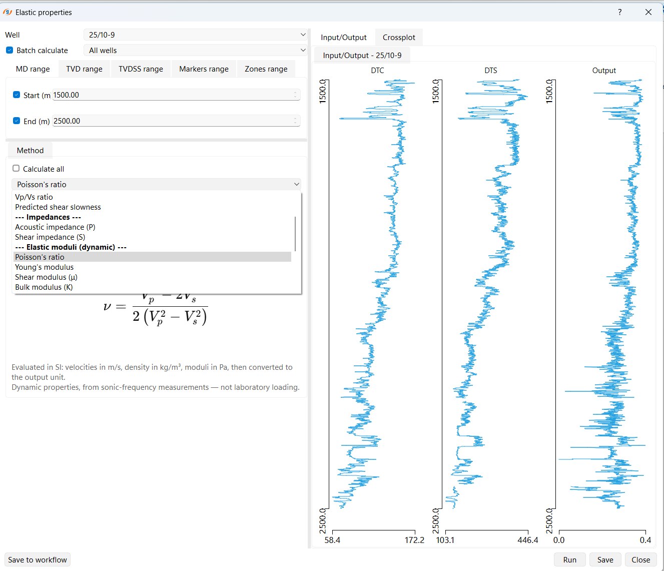 g-Space Elastic properties wizard method list showing Vp/Vs ratio, predicted shear slowness, acoustic and shear impedance and the dynamic moduli, with the Poisson's ratio equation and the compressional slowness, shear slowness and output tracks