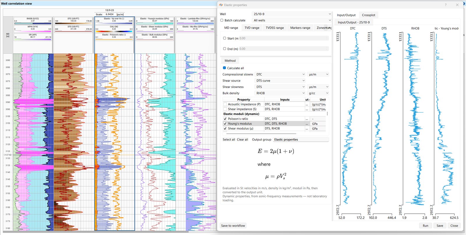 g-Space Elastic properties wizard with compressional and shear slowness and density inputs and selected impedance and dynamic moduli outputs, beside a well correlation view of Poisson's ratio, Young's modulus, shear and bulk moduli and Lambda-Rho and Mu-Rho tracks