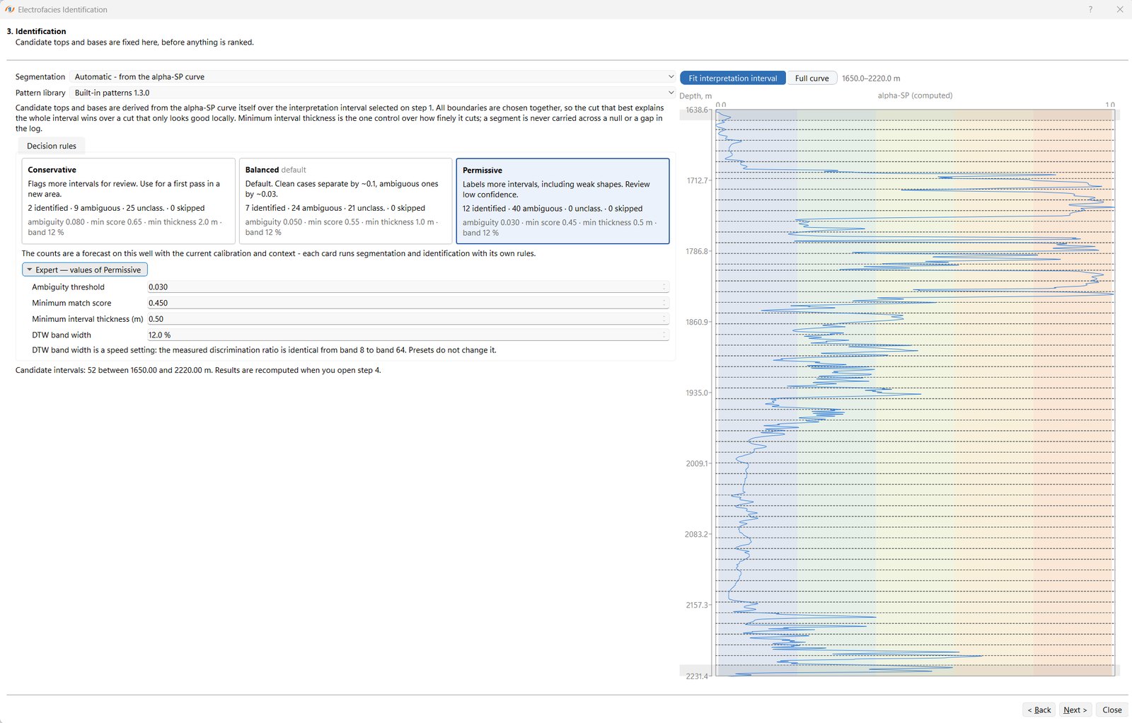 g-Space Electrofacies Identification step with automatic segmentation from the alpha-SP curve, the built-in pattern library, and conservative, balanced and permissive decision rules showing ambiguity threshold, minimum match score, minimum interval thickness and DTW band width with the forecast interval counts
