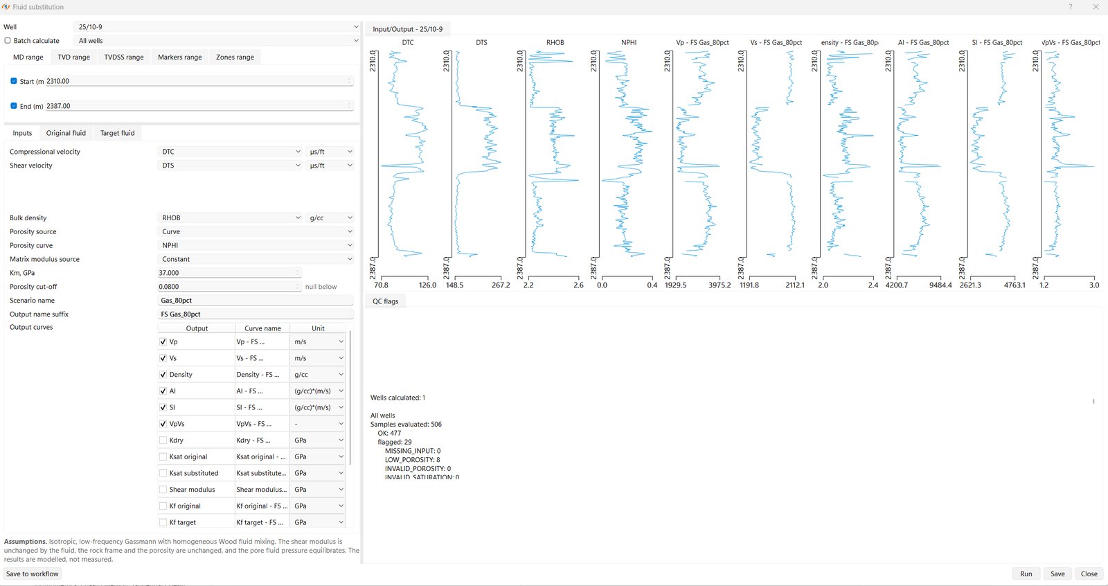 g-Space Fluid substitution wizard with compressional and shear velocity, density and porosity inputs, matrix modulus, a named gas saturation scenario and selected outputs for Vp, Vs, density, acoustic and shear impedance, Vp/Vs and the dry and saturated bulk moduli, beside the calculated output tracks