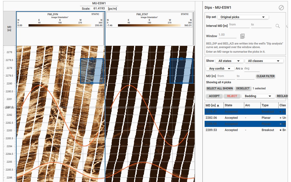 g-Space well correlation view of FMI-HD dynamic and static image tracks oriented north, east, south and west, with the pad strips, two picked dip sinusoids and breakout intervals marked, beside the dips table listing each pick by depth, state, type and class with accept, reject and reclassify controls