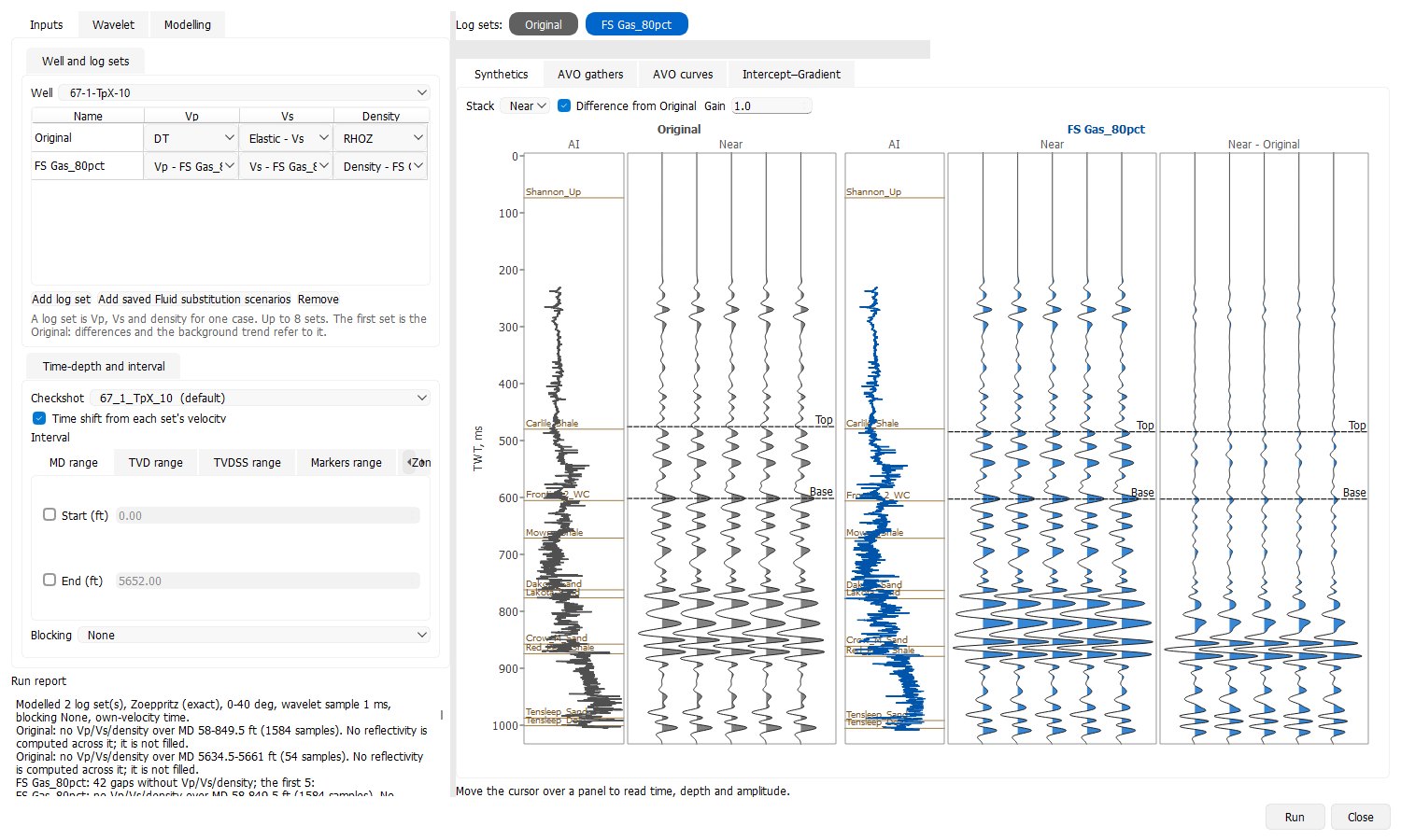 g-Space seismic modelling comparing the original and a substituted log set, with acoustic impedance and near-stack synthetics for each and a difference panel showing where the fluid change alters the seismic response