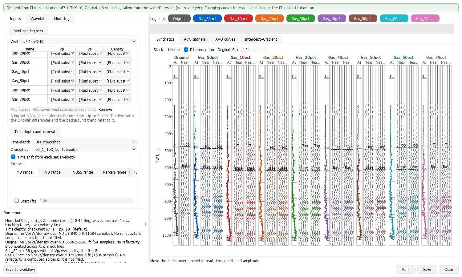 g-Space seismic modelling opened from Fluid substitution, with the original log set and eight gas-saturation scenarios listed as coloured sets and a synthetic seismogram panel for each one over the same interval