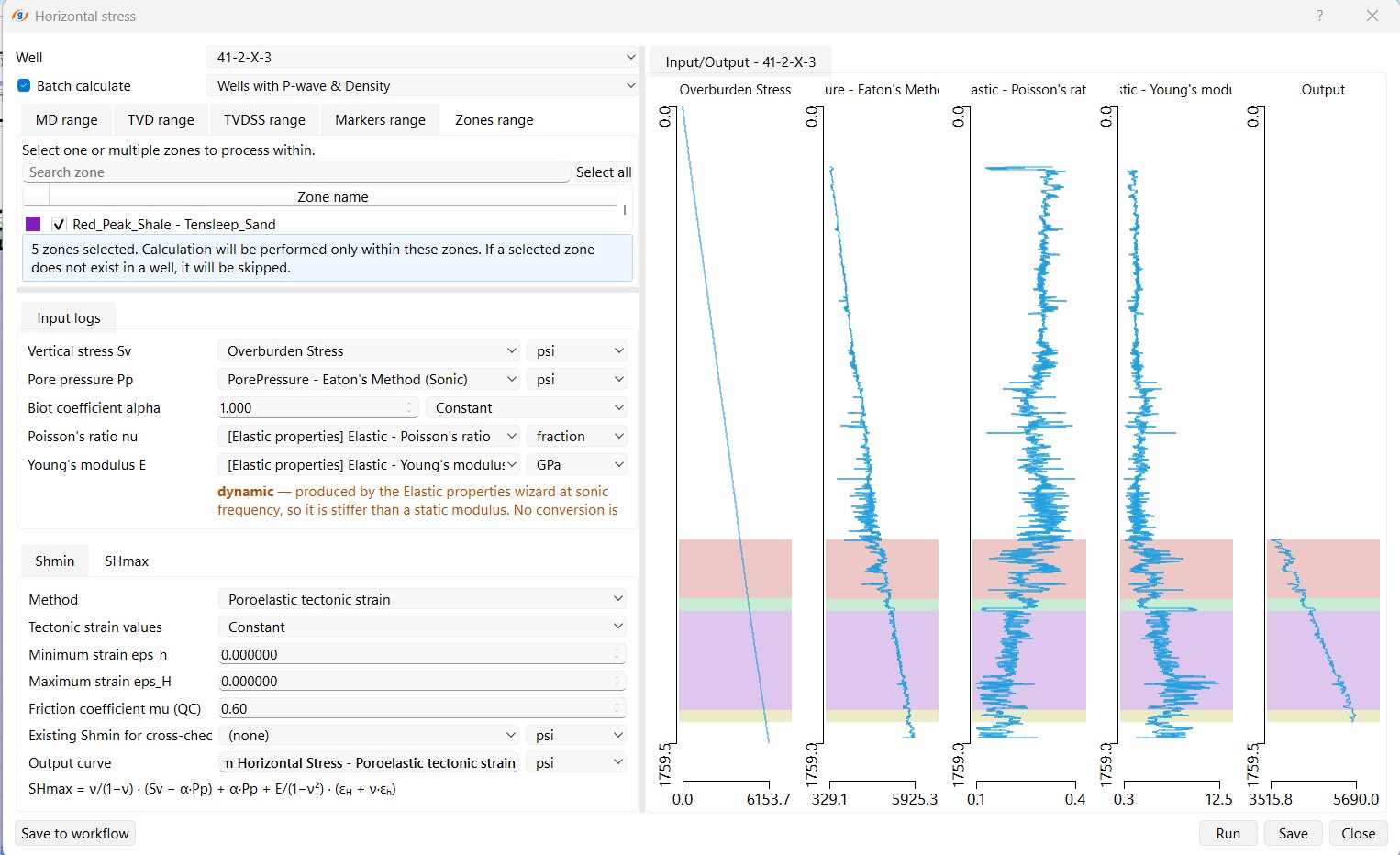 g-Space Horizontal stress wizard on the SHmax tab with the poroelastic tectonic strain method, minimum and maximum tectonic strain values, Young's modulus marked as dynamic, the SHmax equation, and overburden, pore pressure, Poisson's ratio, Young's modulus and calculated SHmax tracks