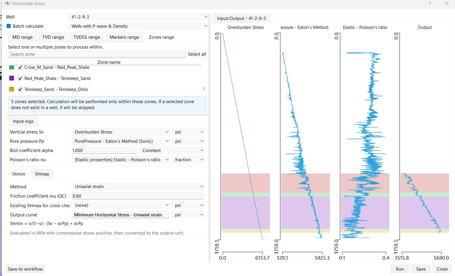 g-Space Horizontal stress wizard on the Shmin tab with the uniaxial strain method, vertical stress, pore pressure, Biot coefficient and Poisson's ratio inputs, a friction-coefficient QC value, the Shmin equation, and overburden, pore pressure, Poisson's ratio and calculated Shmin tracks