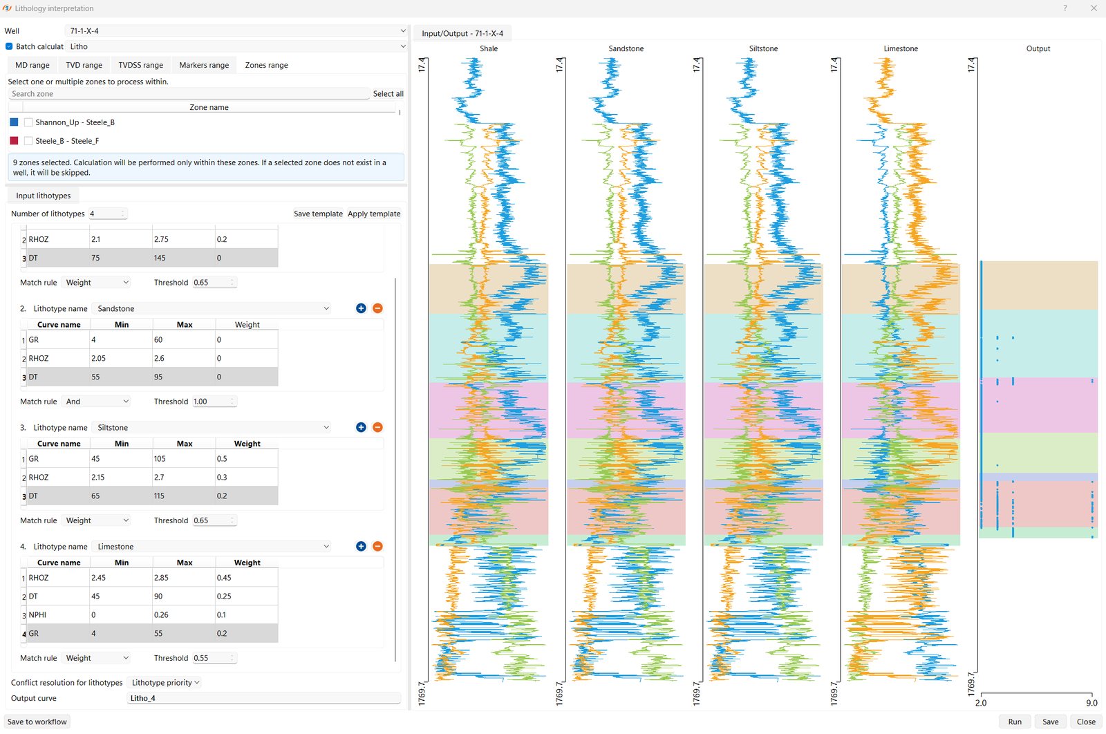 g-Space Lithology interpretation wizard with batch calculation ticked, zones selected for the run, Save template and Apply template buttons, and the shale, sandstone, siltstone and limestone rule tables
