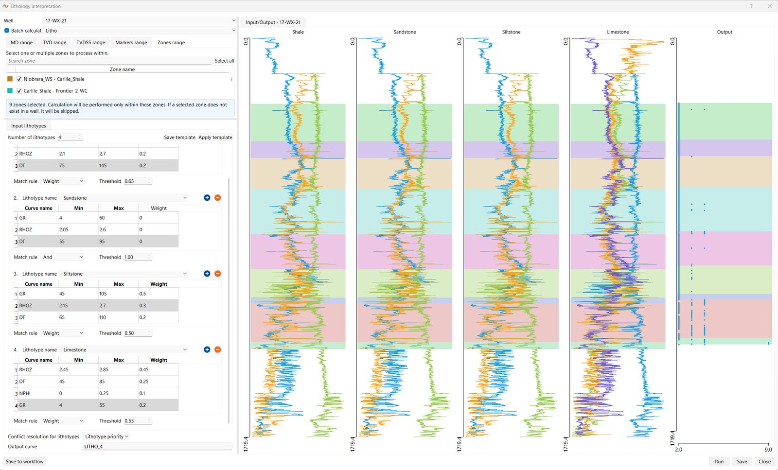 g-Space Lithology interpretation wizard with four lithotypes defined by gamma ray, density and sonic value ranges, per-curve weights, match rules, lithotype-priority conflict resolution and the resulting lithology output track beside the input logs