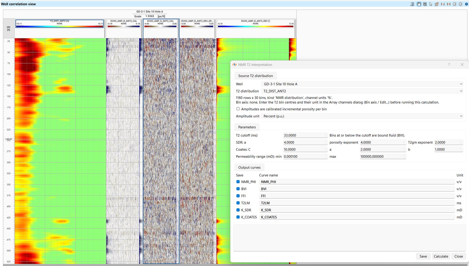 g-Space well correlation view with an NMR T2 distribution displayed as a colour array track beside echo-amplitude tracks, and the NMR T2 interpretation dialog with the T2 cutoff, SDR and Coates coefficients, permeability range and the NMR_PHI, BVI, FFI, T2LM, K_SDR and K_COATES output curves