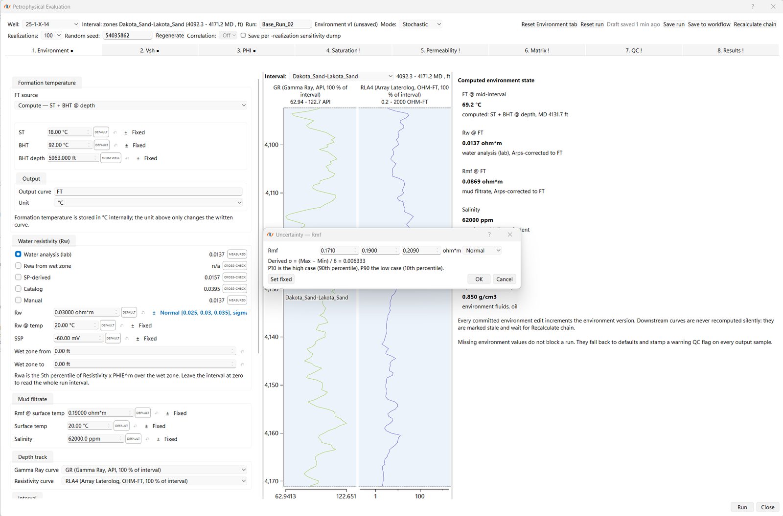 g-Space Petrophysical Evaluation in stochastic mode with realisation count and random seed, and the uncertainty dialog setting a normal distribution for mud-filtrate resistivity