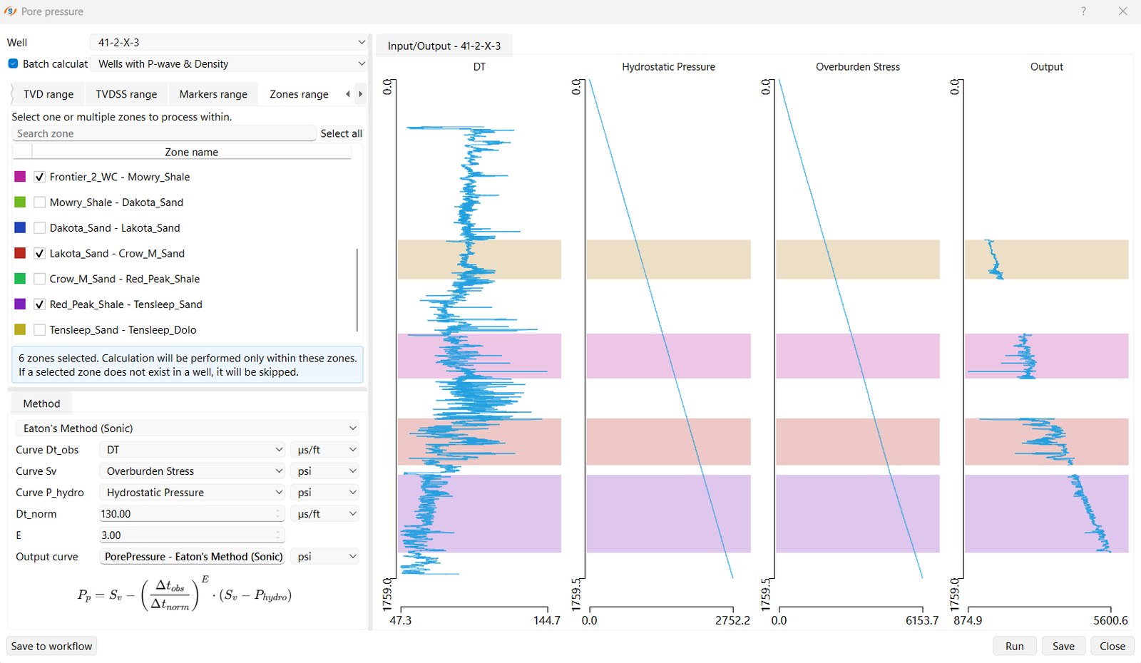 g-Space Pore pressure wizard using Eaton's sonic method, with the zone list, input sonic, overburden stress and hydrostatic pressure curves, the Eaton equation, and sonic, hydrostatic, overburden and calculated pore-pressure tracks