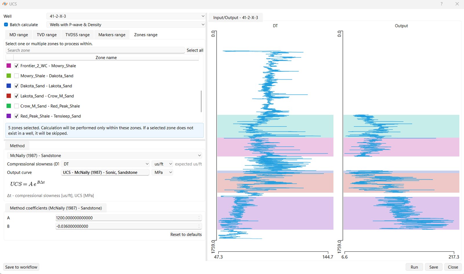 g-Space UCS wizard using the McNally (1987) sandstone correlation from compressional slowness, with the exponential UCS equation, editable A and B coefficients and a reset to defaults, beside the sonic input and calculated UCS tracks