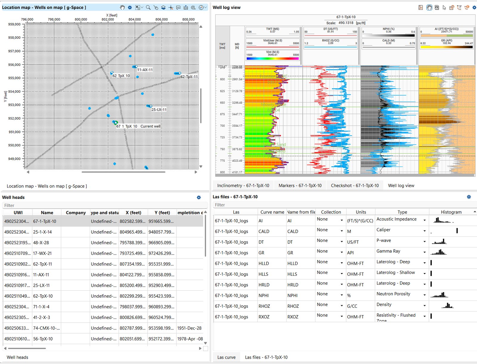 g-Space wells data workspace with the well location map, a well log view, the well heads table listing UWI, name and coordinates, and the LAS curve table with types, units and histograms