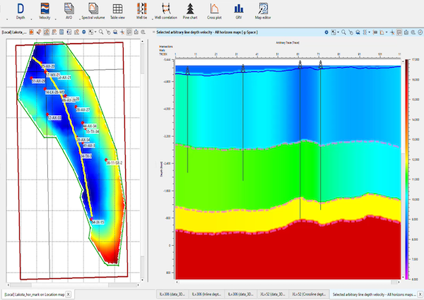 Depth velocity model in g-Space displayed along an arbitrary line through four wells, beside a location map showing the well positions and the line path